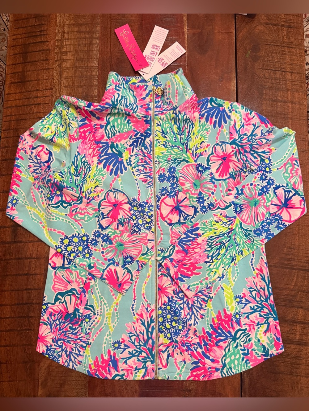 Lilly Pulitzer women’s Aqua Floral full Front - zip pink, Blue & Lime NWT